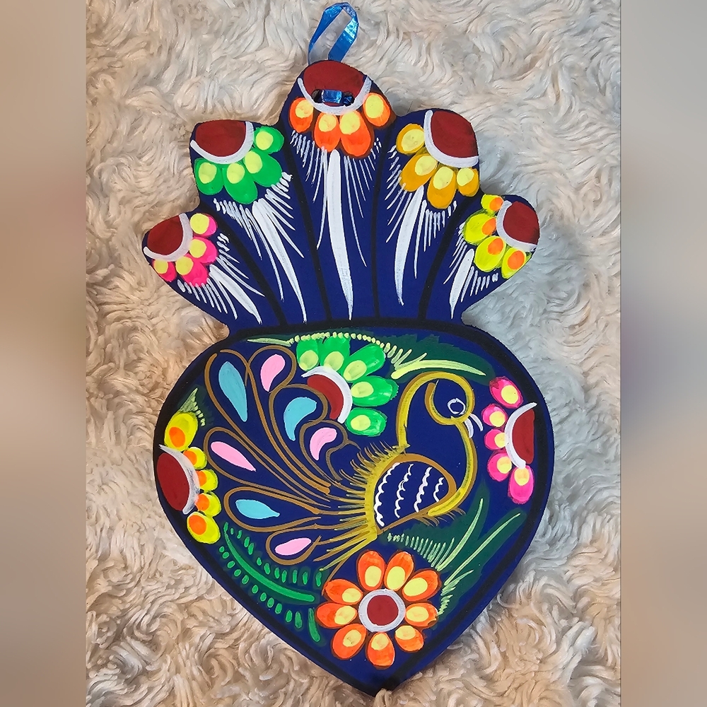 Handpainted Heart Mexican Folklore Art Blue Bird New